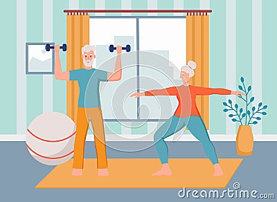 An elderly couple plays sports at home Vector Illustration