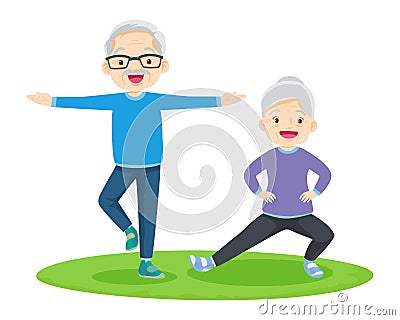 Elderly couple practicing yoga. Active Grandparents doing exercises Vector Illustration