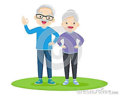 Elderly couple practicing yoga. Active Grandparents doing exercises Vector Illustration