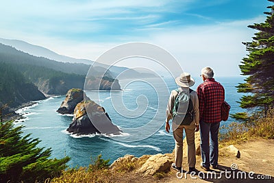 Elderly Couple Admiring Coastal Beauty, senior tourists hiking Stock Photo