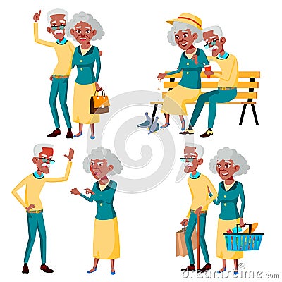 Elderly Couple Set Vector. Grandfather And Grandmother. Social Concept. Senior Couple. Black, Afro American. Situations Vector Illustration