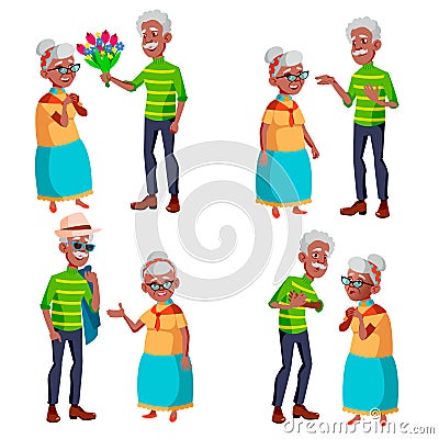 Elderly Couple Set Vector. Grandfather And Grandmother. Elderly Family. Grey-haired Characters. Black, Afro American Vector Illustration