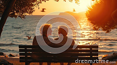 Elderly Couple Together Enjoying Sunset on Beach Bench Stock Photo