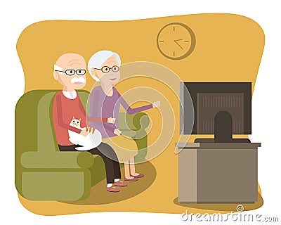 Elderly Couple Sitting on the Sofa and Watching TV Vector Illustration