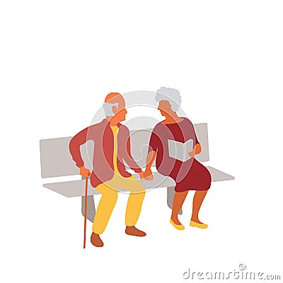 Elderly couple sitting together on park bench and holding hands Vector Illustration