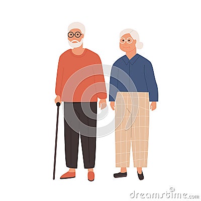 Elderly couple standing together. Grandfather with walking stick and grandmother. Senior man and woman on white Vector Illustration