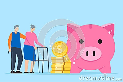 Elderly couple stands with stack dollar coins and pink piggy bank in flat design Vector Illustration