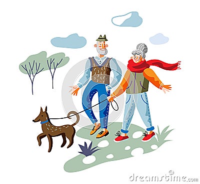 Elderly couple on stroll flat vector illustration. Old man and woman, husband and wife cartoon character. Aged pair on Vector Illustration
