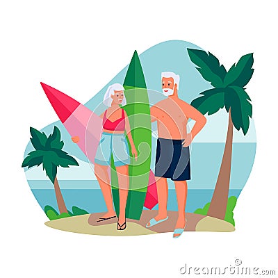 Elderly couple with surfboards by the ocean. Vector flat cartoon illustration of summer beach outdoor leisure Vector Illustration