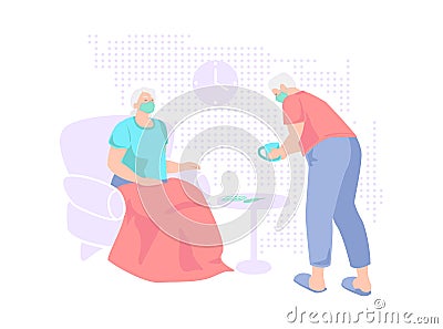 Elderly couple in surgical face masks are protected from flu virus isolated on white background. Old aged senior people Vector Illustration