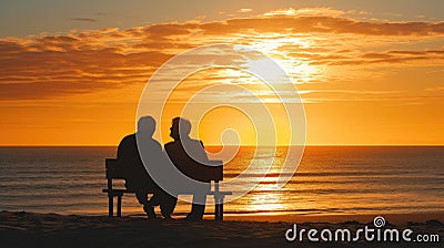 Elderly Couple Together Enjoying Sunset on Beach Bench Stock Photo