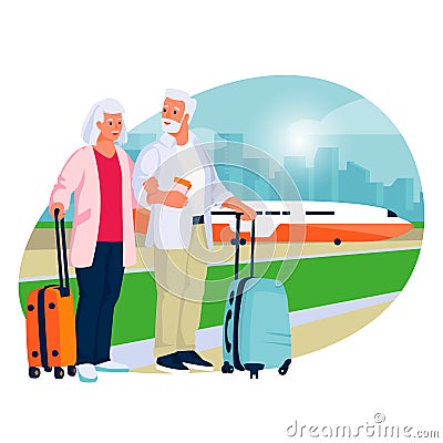 Elderly couple travel by airplane. Vector flat cartoon illustration of tourism and vacation for pensioners and seniors Vector Illustration