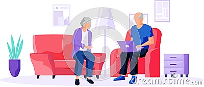 Elderly couple try to use gadget and surf internet. Old man and woman learns new technologies Vector Illustration