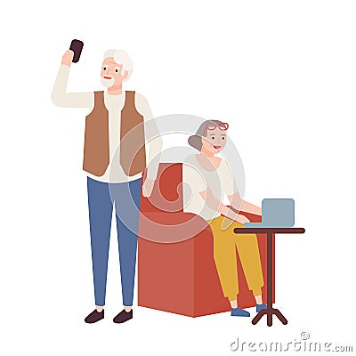 Elderly couple using modern devices. Grandmother working on laptop and grandfather taking selfie on smartphone. Smiling Vector Illustration