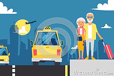 Elderly couple waiting for taxi, vector illustration. Grandparents on vacation, cartoon characters. Taxi service from Vector Illustration