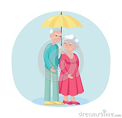 Elderly couple walk under a common umbrella. Vector Illustration