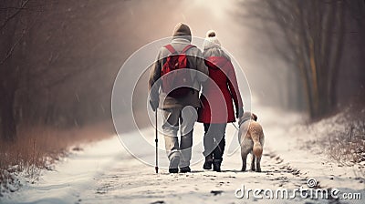 Elderly couple walking on a cold winter day with their dog. Loving family walking. Generative AI Stock Photo