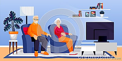 Elderly couple watching TV in room. Senior man and woman sit on sofa together. Vector illustration. Home movie time Vector Illustration