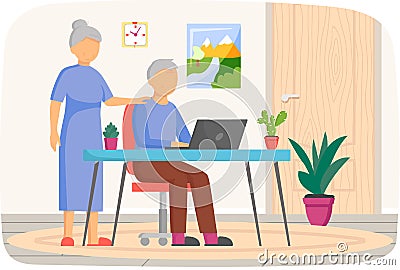 Elderly couple watching video, chatting, working with laptop. Retired people uses computer at home Vector Illustration