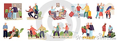 Elderly couples. Cartoon hand drawn old characters spending time together, shopping resting in cafe making exercises Vector Illustration