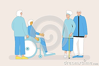 Elderly couples conversation. World senior citizens day. Retirement care and support Vector Illustration