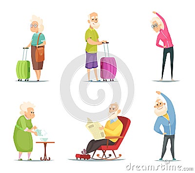 Elderly couples in various action poses Vector Illustration