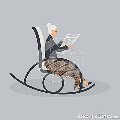 Elderly cute woman is sitting in a rocking chair.Old lady covered her feet with checked woollen plaid.Cartoon granny is reading Vector Illustration
