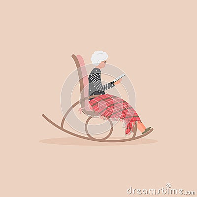 Elderly cute woman is sitting in a rocking chair.Old lady covered her feet with checked woollen plaid.Cartoon granny is resting in Vector Illustration