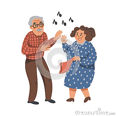 Elderly dancing couple. Old man and woman have fun on a party. Nursing home. Senior people flat Vector illustration. Vector Illustration