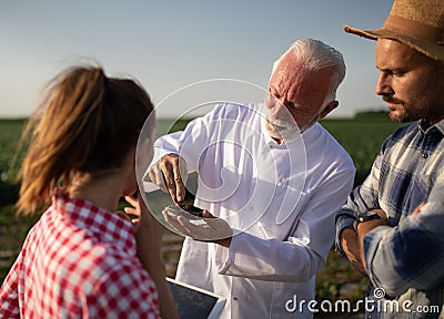 Elderly expert collecting soil sample talking with two young farmers Stock Photo