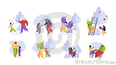 Elderly family. Grandmother and grandfather playing with grandchildren funny kids walking with family garish vector Vector Illustration