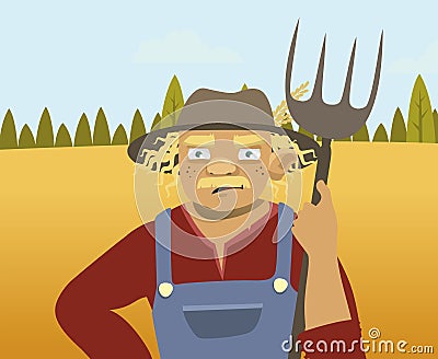Elderly farmer on the background of fields and trees Vector Illustration