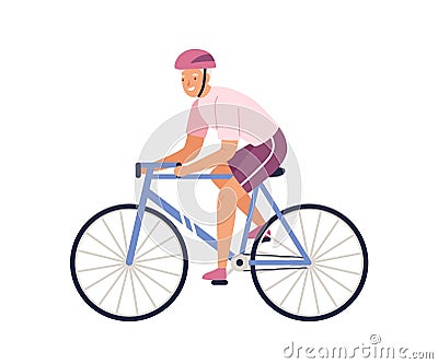 Elderly female character riding bicycle in sportswear. Happy sportswoman cycling isolated on white. Healthy and active Vector Illustration