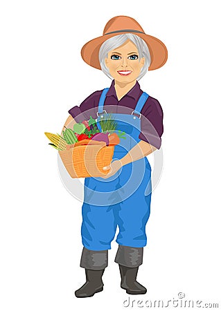 Elderly female gardener wearing overalls holding basket of fresh vegetables Vector Illustration