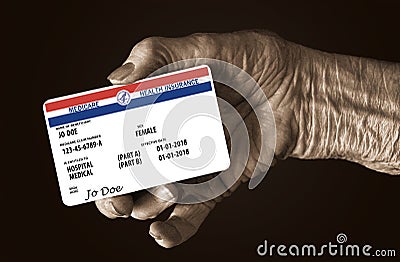 An elderly female hand holds a mock United State government Medicare Health Insurance card. It is a generic card. Cartoon Illustration