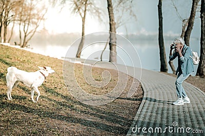 Elderly female photographer taking picture of the dog in park Stock Photo