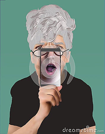 An elderly female school teacher holds a cell phone in front of her face and a mouth and nose pictured on the phone look like part Stock Photo