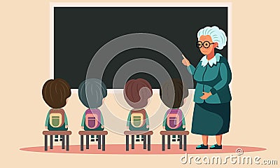 Elderly Female Teacher Character Giving Instructions To Her Students In Front of Empty Blackboard. Happy Teachers Day Stock Photo