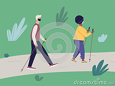 Elderly fit man and african woman engaged in Nordic walking with sticks on path in park. Old athletic male and plump fashionable Vector Illustration