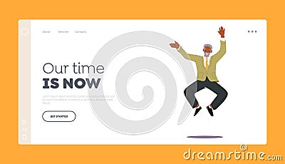 Elderly Fun, Success Landing Page Template. Adult Bearded Man in Casual Clothes Jumping. Happy Senior Male Character Vector Illustration