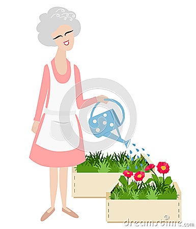 Elderly grandmother watering her plants Vector Illustration