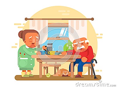 Elderly grandparents breakfast flat Vector Illustration