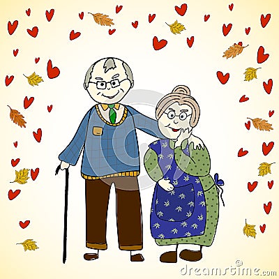 Elderly grandparents cuddle together against the background of leaves and hearts. Happy old age and love Stock Photo