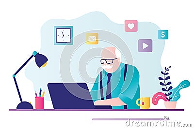 Elderly gray-haired businessman works on laptop. Male pensioner sits at desktop and works Vector Illustration