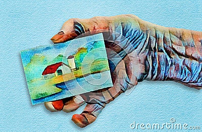 An elderly hand holds a painting made on a small canvas panel Cartoon Illustration