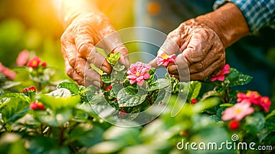 Elderly hands gently care for vibrant pink flowers in a lush garden, symbolizing nurturing and the beauty of age Stock Photo