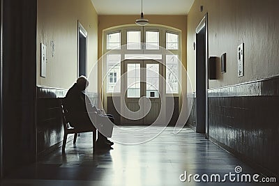 An elderly individual sits quietly on a bench in a deserted hallway of a nursing home, highlighting the theme of Stock Photo