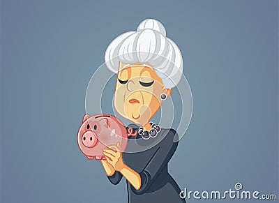 Sad Broke Senior Woman Holding a Piggy Bank Vector Illustration