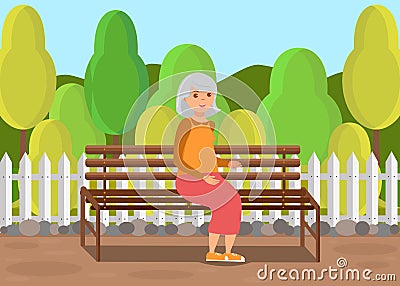 Elderly Lady Sitting on Bench Flat Illustration Vector Illustration
