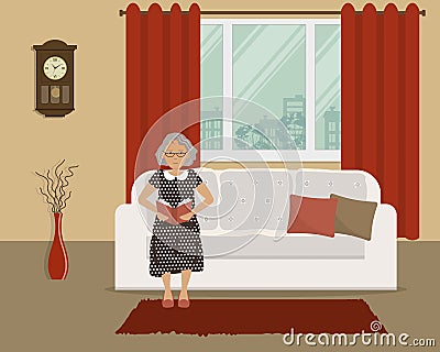 Elderly lady is sitting on the couch and reading a book Vector Illustration